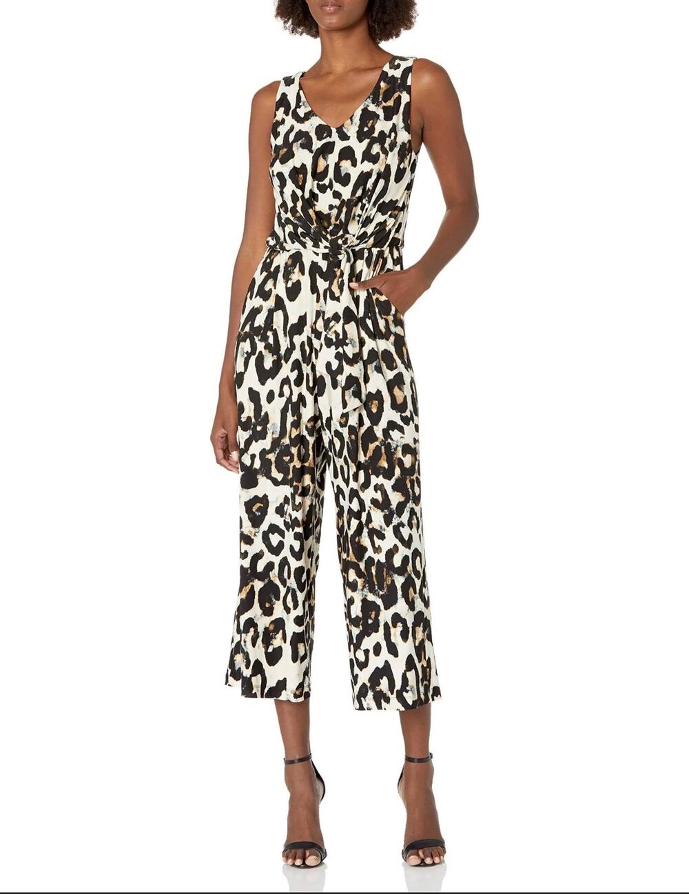 Karen Kane Black Brown Leopard Animal Print Pants Romper Tie Front Jumpsuit XS